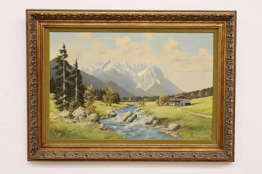 Main image of Alpine Valley Scene Vintage Original Oil Painting, Meyer 45"