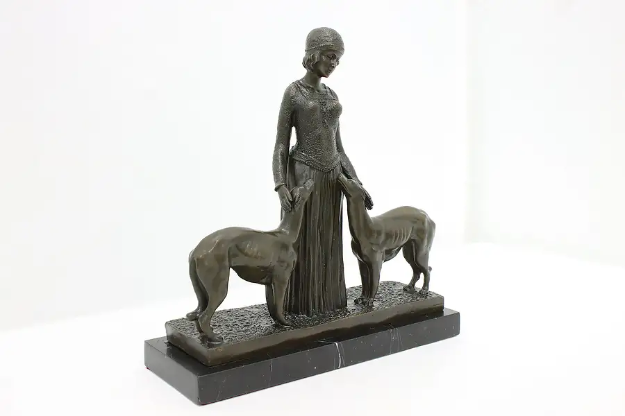 Main image of Art Deco Antique Bronze Dogs & Woman Sculpture After Chiparus