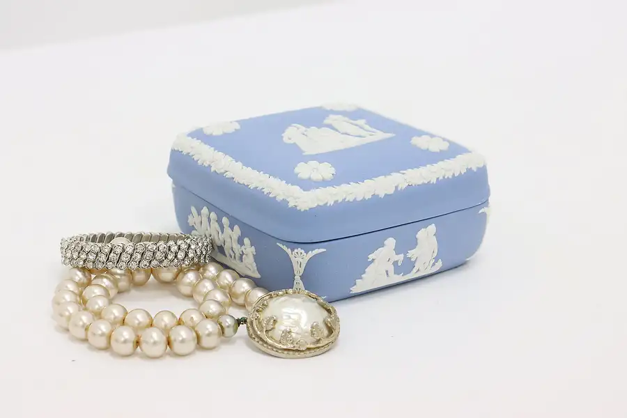 Main image of Wedgwood Vintage Blue Jasperware Trinket or Jewelry Box