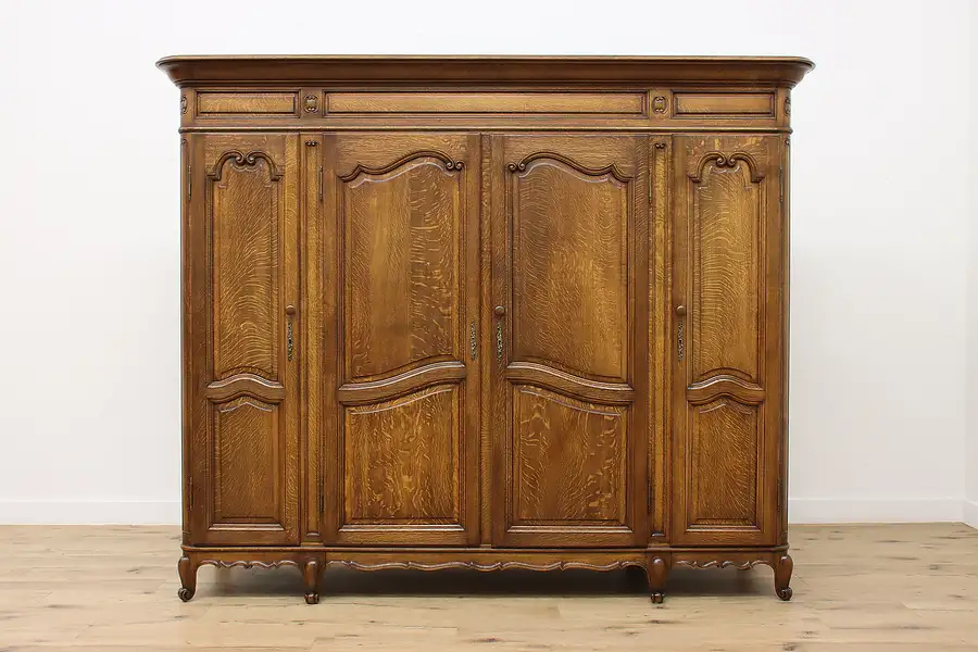 Main image of Country French Antique Oak 4 Door Armoire Wardrobe Closet