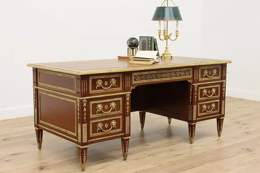 Main image of French Vintage Executive Office Library Desk, Bronze Lions