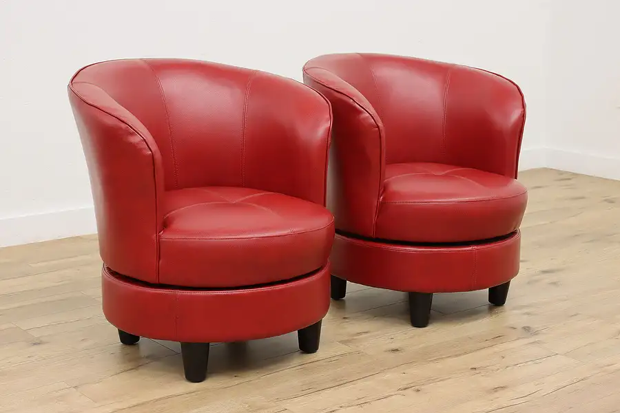 Main image of Pair of Vintage Red Faux Leather Swivel Club Chairs, Haining