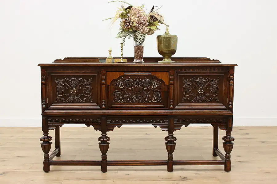 Main image of Tudor Design Antique Carved Oak Buffet, Server, or Sideboard