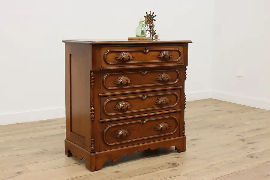 Main image of Victorian Carved Walnut Antique Four Drawer Dresser or Chest