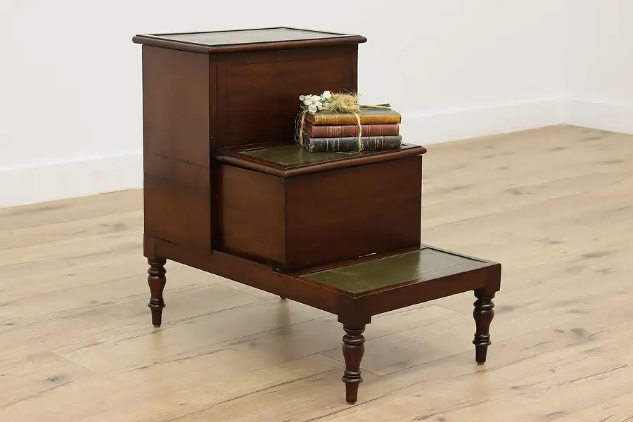 Main image of Georgian Antique Walnut Library or Bed Steps Commode Leather