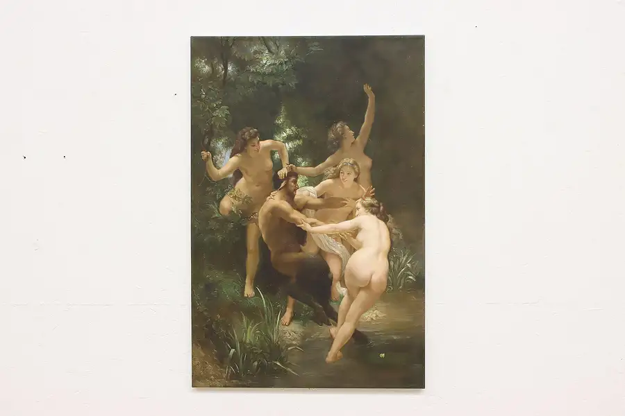 Main image of Nymphs & Satyr Vintage Oil Painting after Bouguereau 35.5"