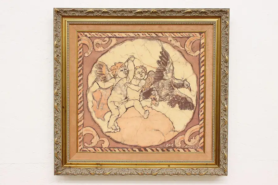 Main image of Cherubs & Dove Original Vintage Batik Painting, Signed 26.5"