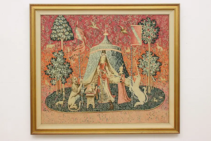 Main image of Lady & the Unicorn Love Vintage Needlepoint Tapestry 76"