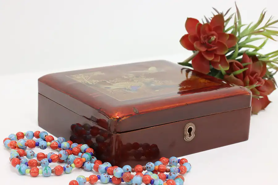 Main image of Japanese Meiji Antique Red Lacquer Jewelry Keepsake Box