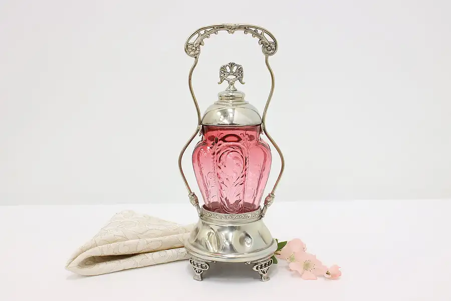 Main image of Victorian Antique Silverplate & Cranberry Glass Pickle Jar