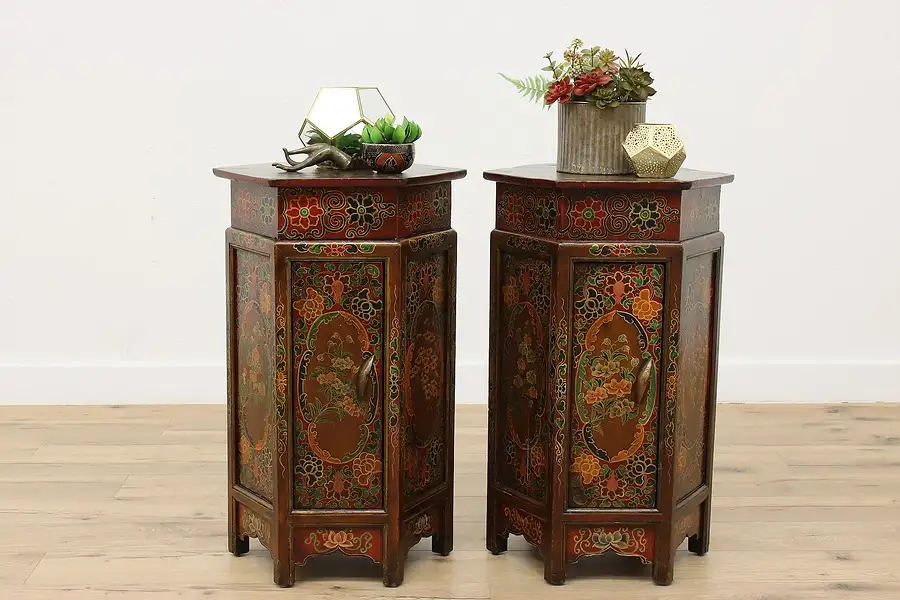 Main image of Pair of Asian Design Vintage Painted Pine Hexagon Cabinets