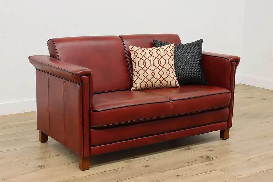 Main image of Midcentury Modern Vintage Red Leather Loveseat or Small Sofa