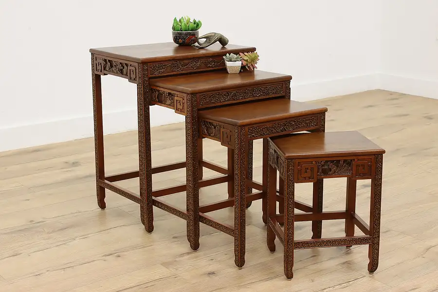 Main image of Set of 4 Vintage Chinese Nesting Tables Hand Carved Teak