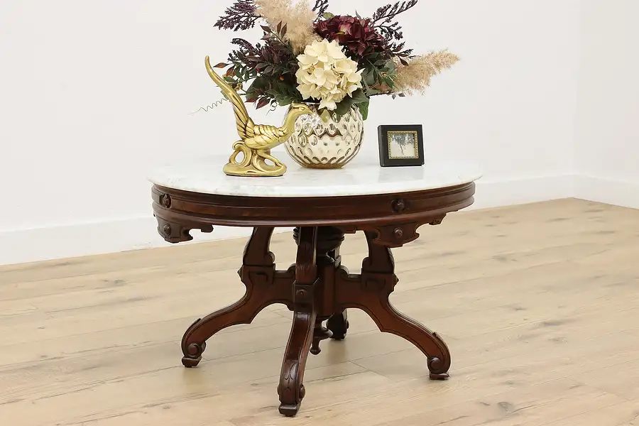 Main image of Victorian Antique Oval Walnut Coffee Table, Marble Top