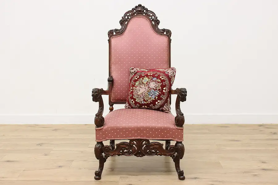 Main image of Victorian Antique Walnut Armchair, Carved Lion Heads