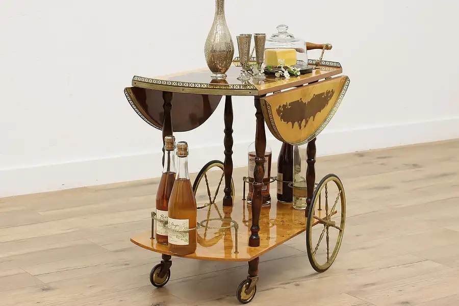 Main image of Italian Vintage Marquetry Rolling Drop Leaf Dessert Bar Cart