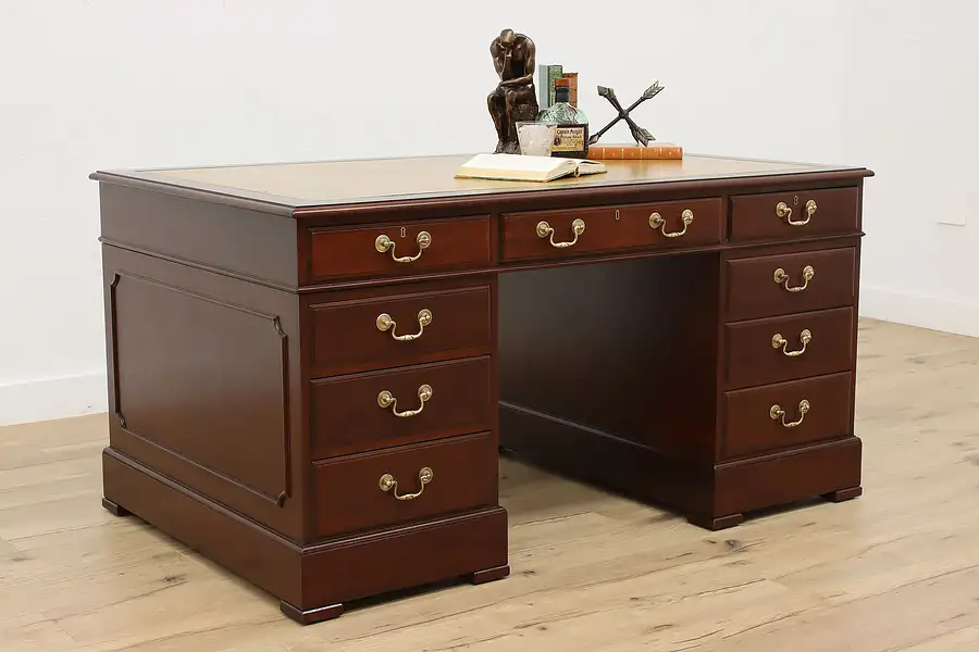 Main image of English Vintage Mahogany Office Library Desk, Tooled Leather