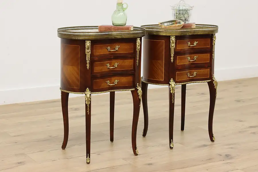 Main image of Pair of French Vintage Kidney Nightstands, End Tables Marble