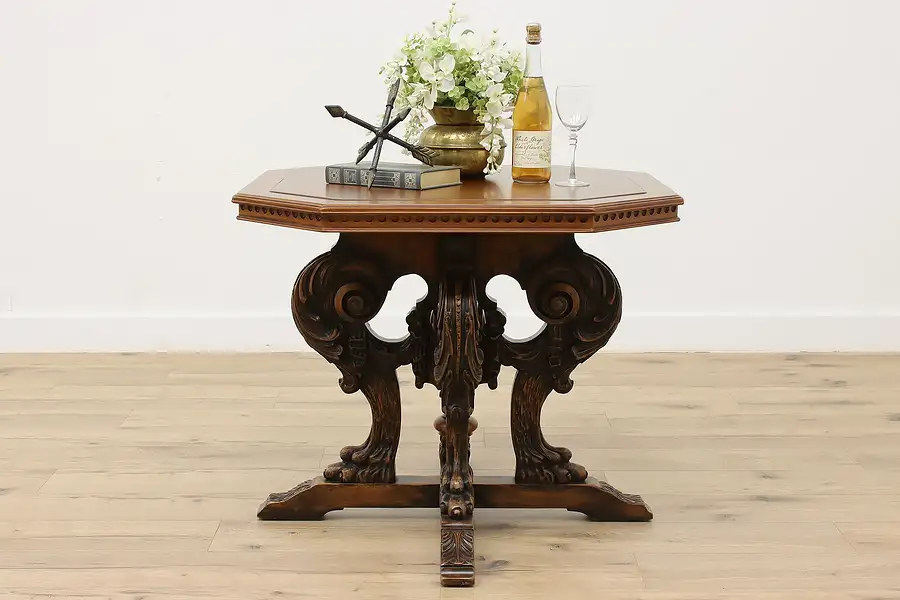 Main image of Tudor Antique Carved Mahogany Center or Lamp Table Lion Feet