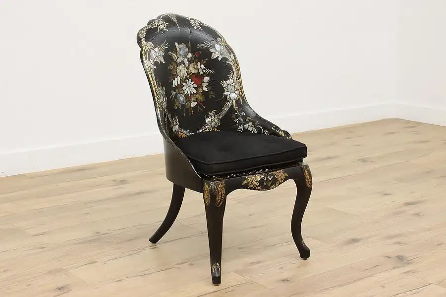 Main image of Victorian Antique Paper Mache Chair Pearl Inlay Gold Leaf