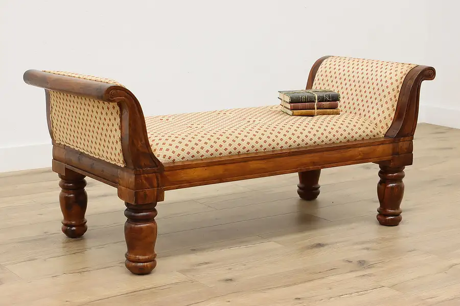 Main image of Teak Thai Vintage Upholstered Hall Bench with Arms