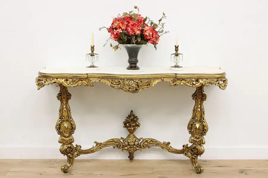 Main image of Italian Antique Carved Gilt Console Table, Marble Top