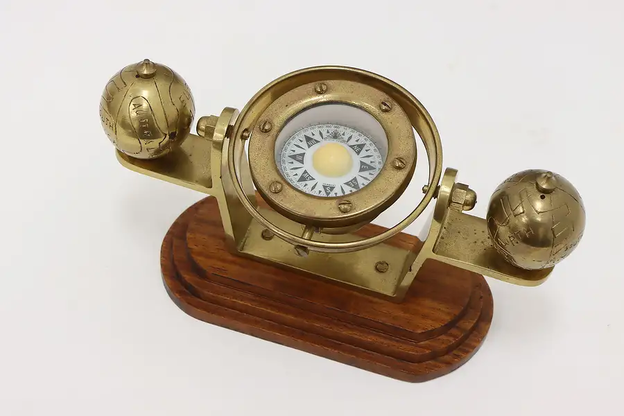 Main image of German Vintage Brass & Mahogany Gimbal Ship Compass, Plath