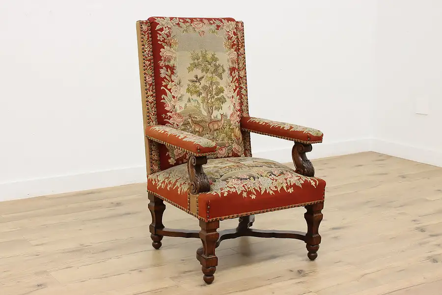 Main image of Renaissance Antique Carved Oak Needlepoint Tapestry Chair