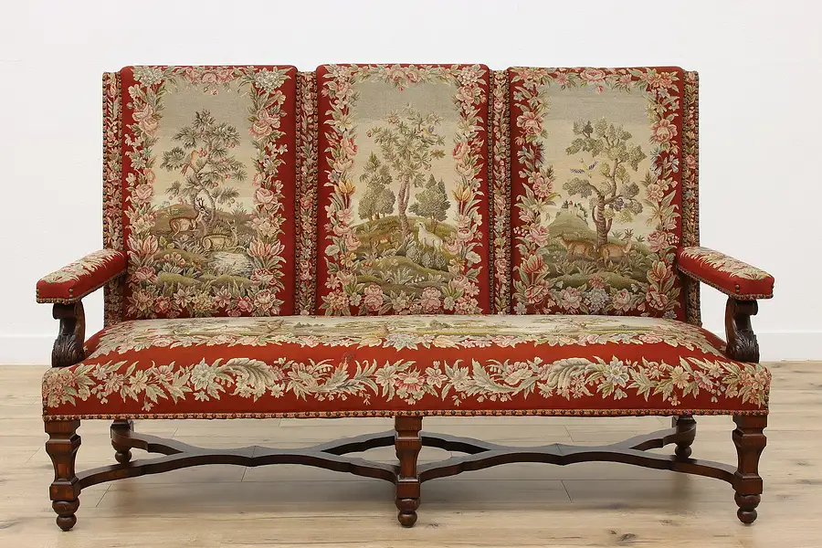 Main image of Renaissance Antique Oak Needlepoint Tapestry Settee Sofa