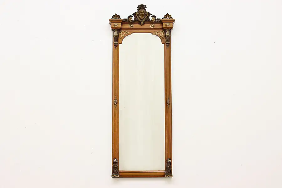 Main image of Victorian Antique Walnut Hall Entryway Mirror, Carved Head