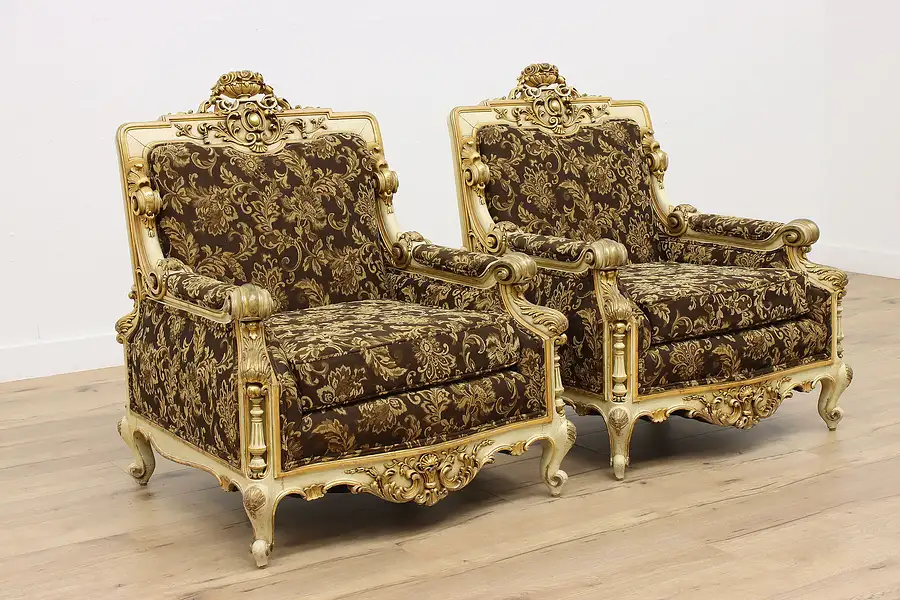 Main image of Pair of Italian Vintage Carved Gilt Painted Library Chairs