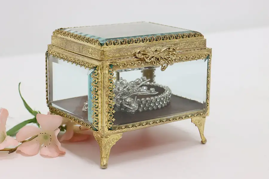 Main image of Beveled Glass & Gold Plated Filigree Vintage Jewelry Box