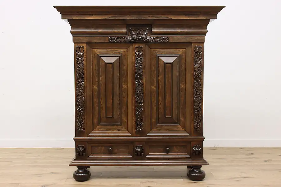 Main image of Dutch Antique Carved Oak Kas Dowry Armoire Wardrobe Cabinet