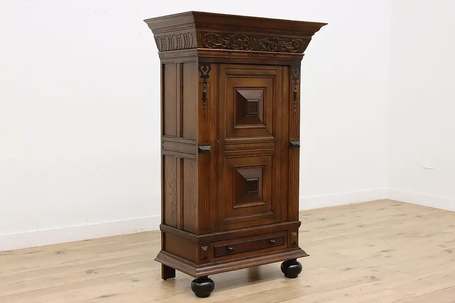 Main image of Dutch Antique Carved Oak Kas Dowry Armoire or Bath Cabinet