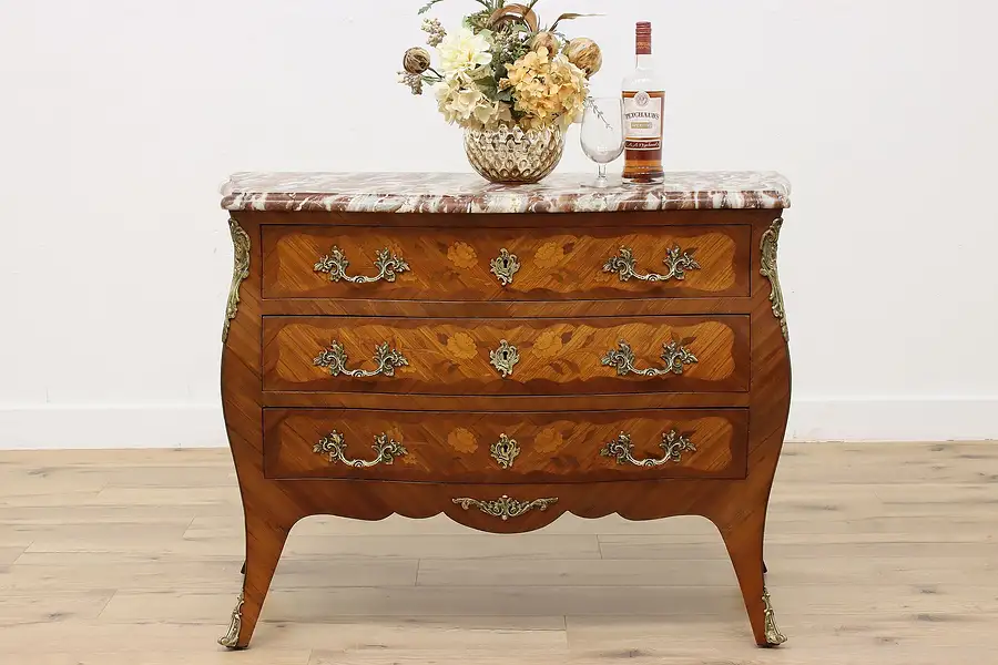 Main image of French Rosewood Antique Bombe Chest or Dresser, Marble Top