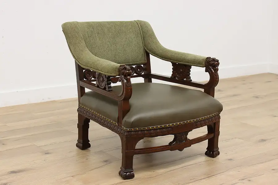 Main image of Victorian Antique Walnut Library Chair Carved Lions, Leather