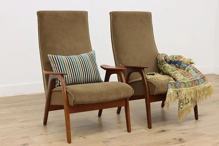 Main image of Pair of Midcentury Modern 60s Vintage Teak & Mohair Chairs