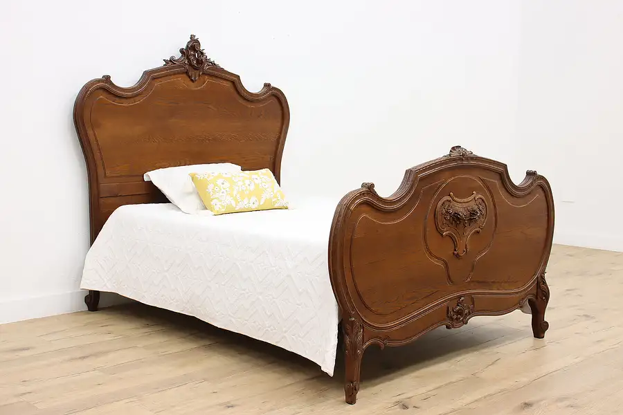 Main image of French Louis XV Antique Carved Oak Full or Double Size Bed