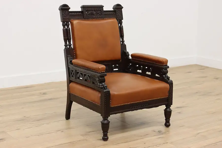 Main image of Victorian Eastlake Antique Mahogany & Leather Library Chair