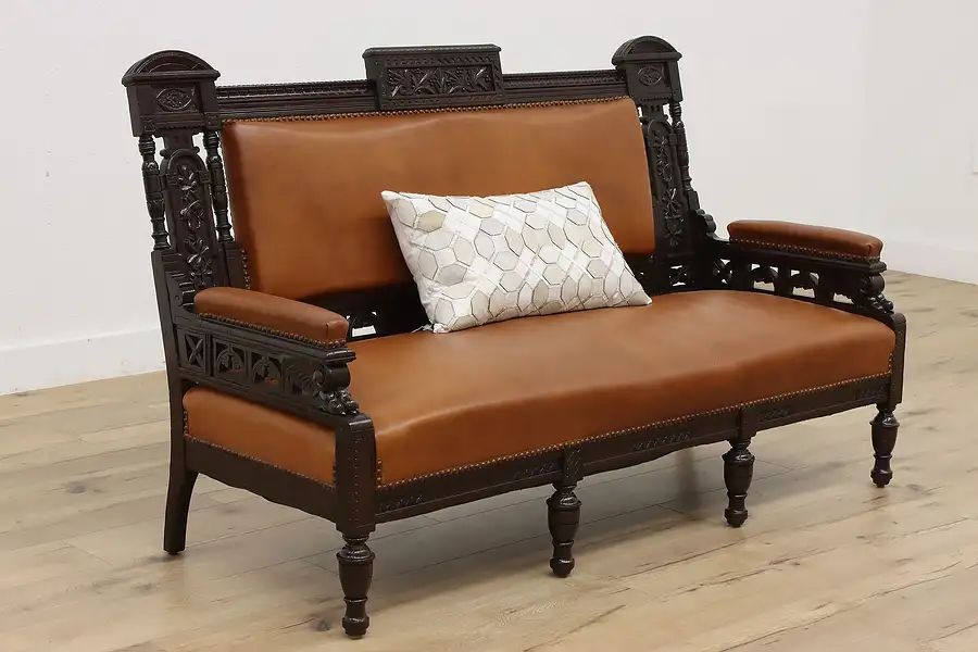 Main image of Victorian Eastlake Antique Mahogany & Leather Settee or Sofa