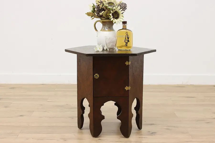 Main image of Folk Art Antique Burnt Wood Pyrography Hexagon Coffee Table