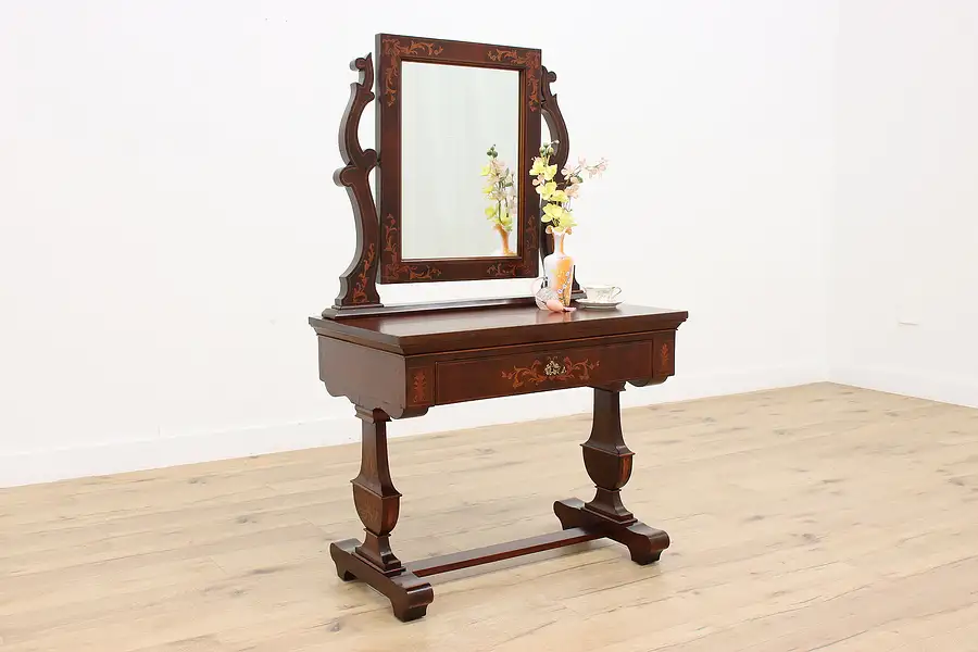 Main image of Mahogany & Marquetry Antique Vanity Dressing Table & Mirror