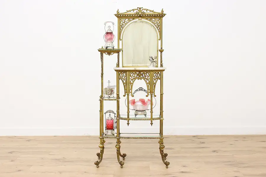 Main image of Victorian Antique Brass & Onyx Etagere, Curio, Glass Shelves