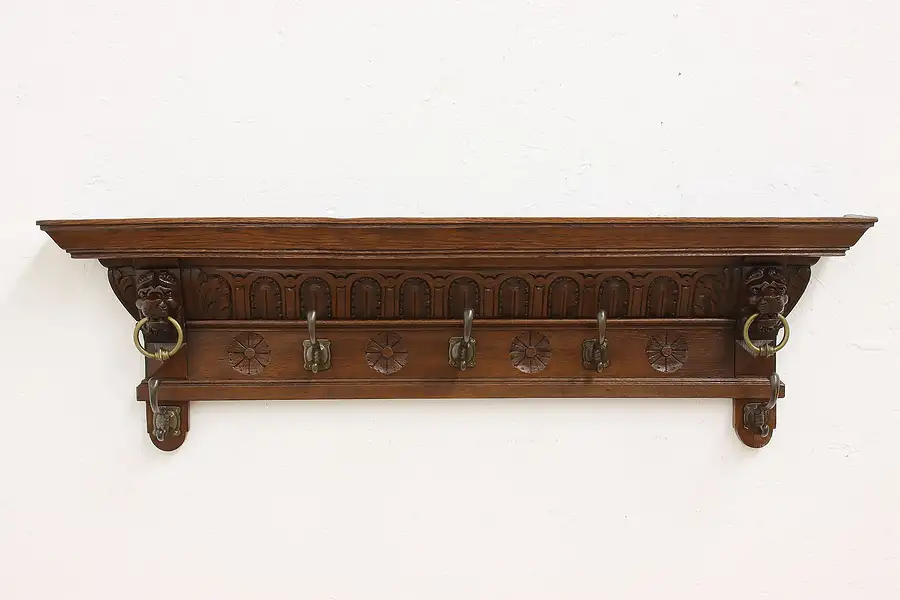 Main image of Victorian Antique Carved Oak Wall Shelf & Coat Rack, Lions