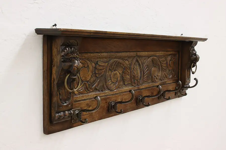 Main image of Vintage Carved Lions Antique Coat Rack & Wall Shelf