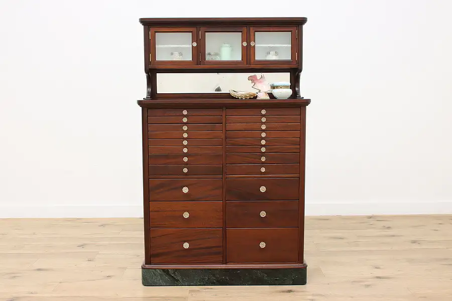 Main image of Marble & Mahogany Antique Dental, Jewelry, Collector Cabinet