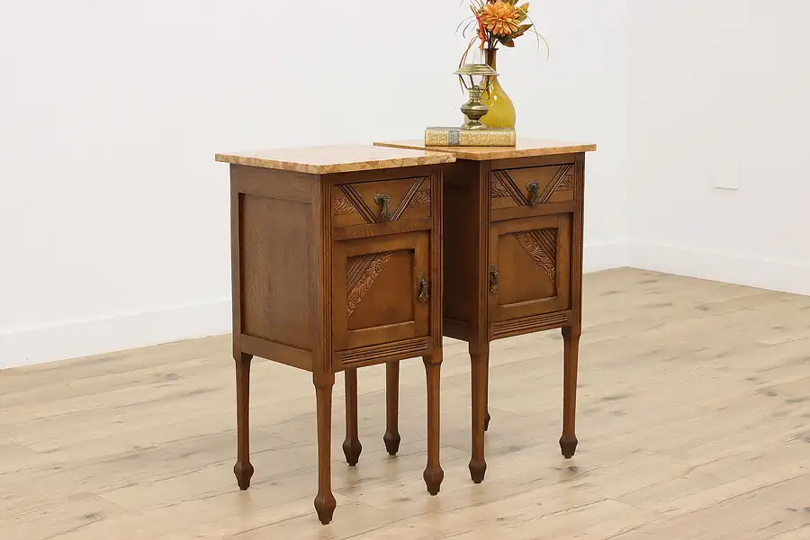 Main image of Pair of French Design Vintage Carved Oak Nightstands, Marble