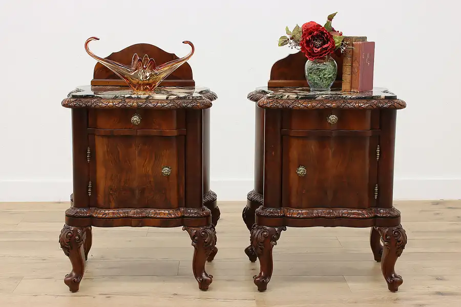 Main image of Pair of Italian Antique Marble Top Nightstands Side Tables