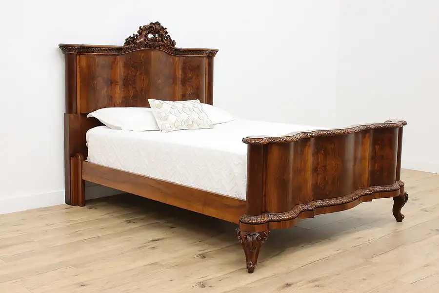 Main image of Italian Antique Carved Walnut & Burl Queen Size Bed