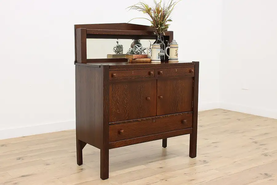 Main image of Arts & Crafts Mission Oak Antique Sideboard, Buffet, Mirror